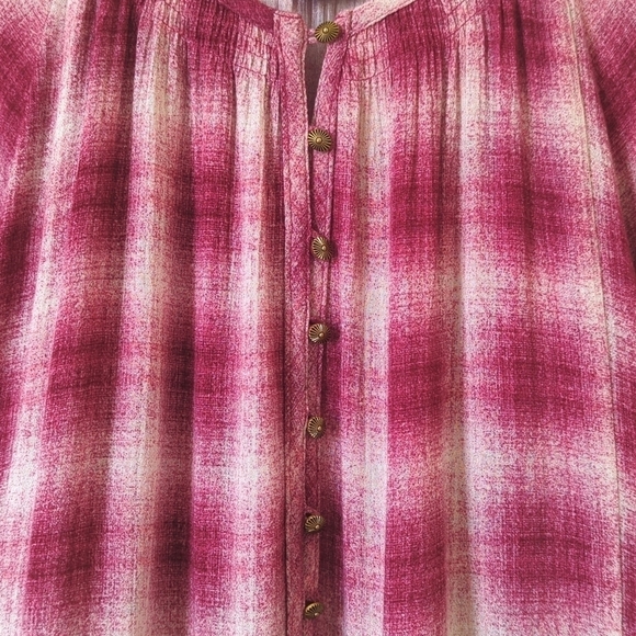 Maeve Calavan Plaid Oversized Three Quarter Sleeve Button Up Peplum Blouse Pink - Picture 4 of 15